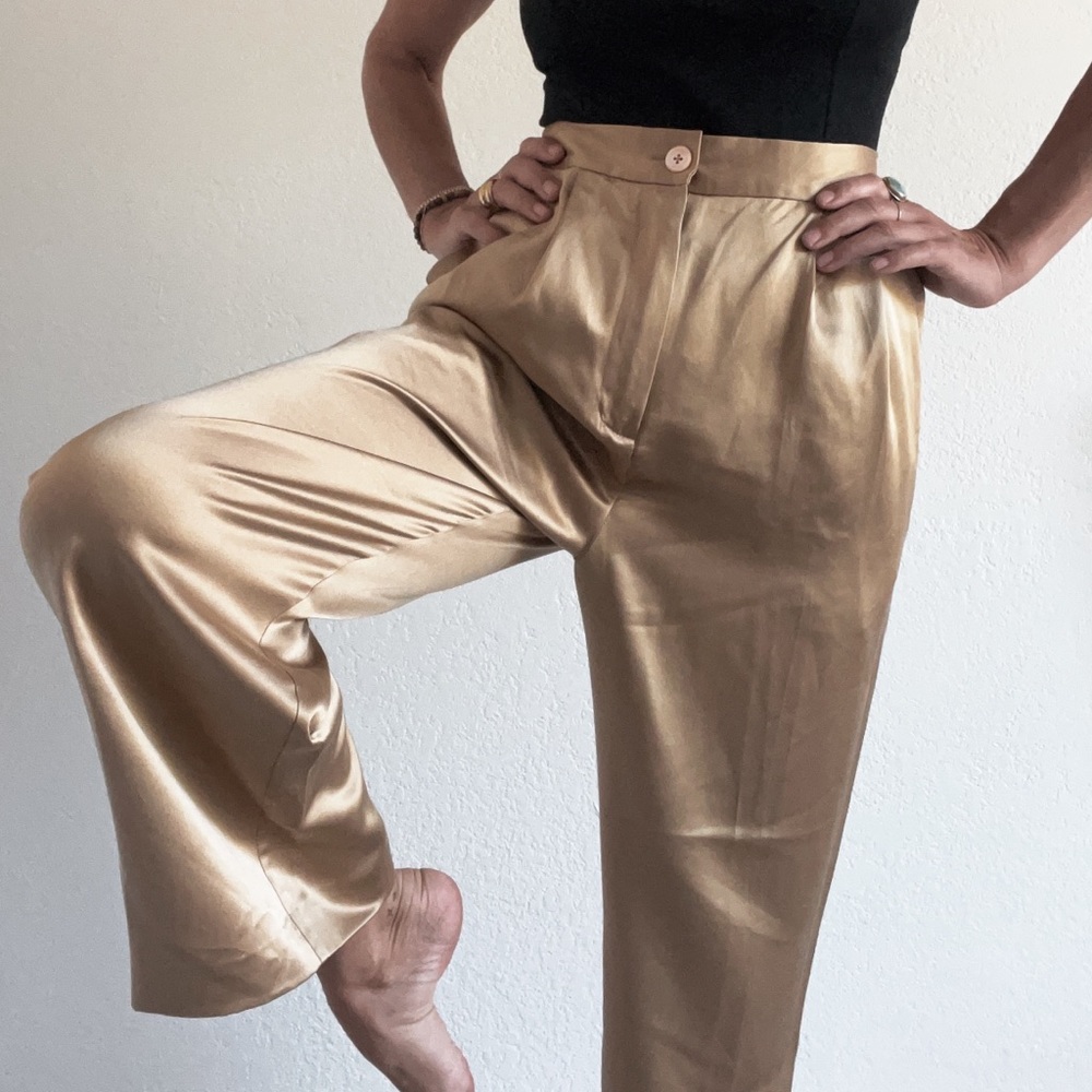 High Waisted Gold Silk Pants